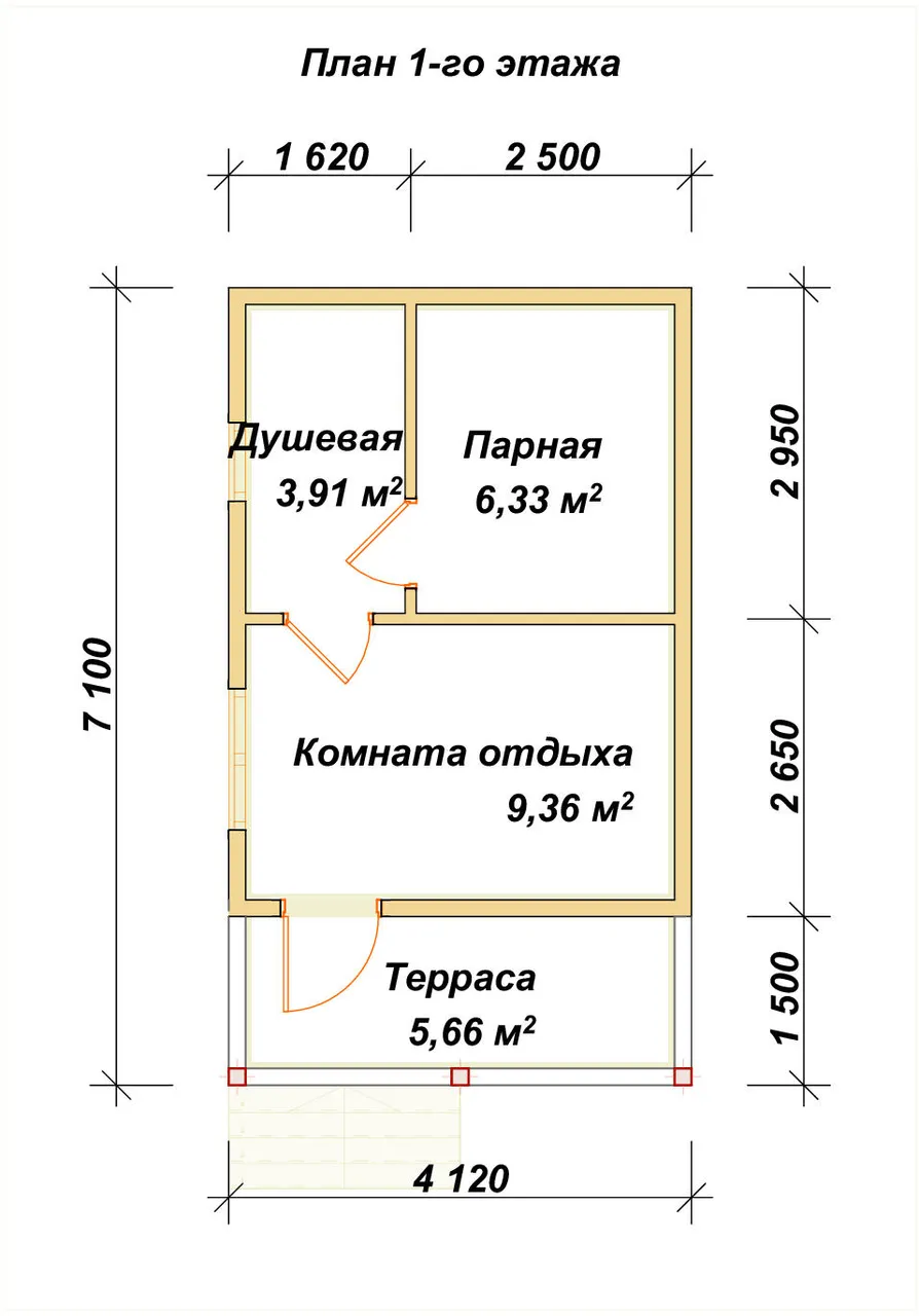 Одноэтажная баня из бруса ПБ-41 - планировка 1