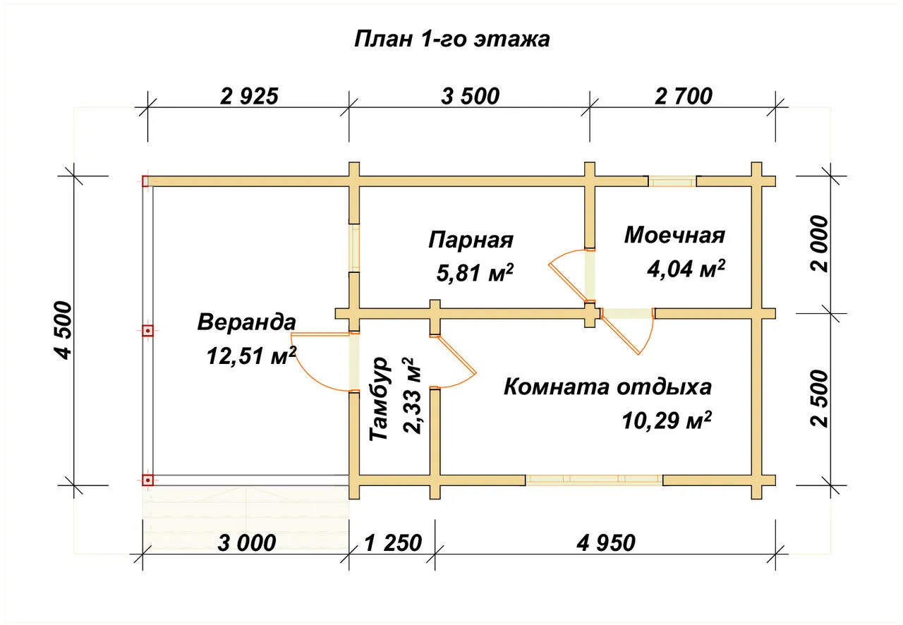 Одноэтажная баня из бруса ПБ-30 - планировка 1