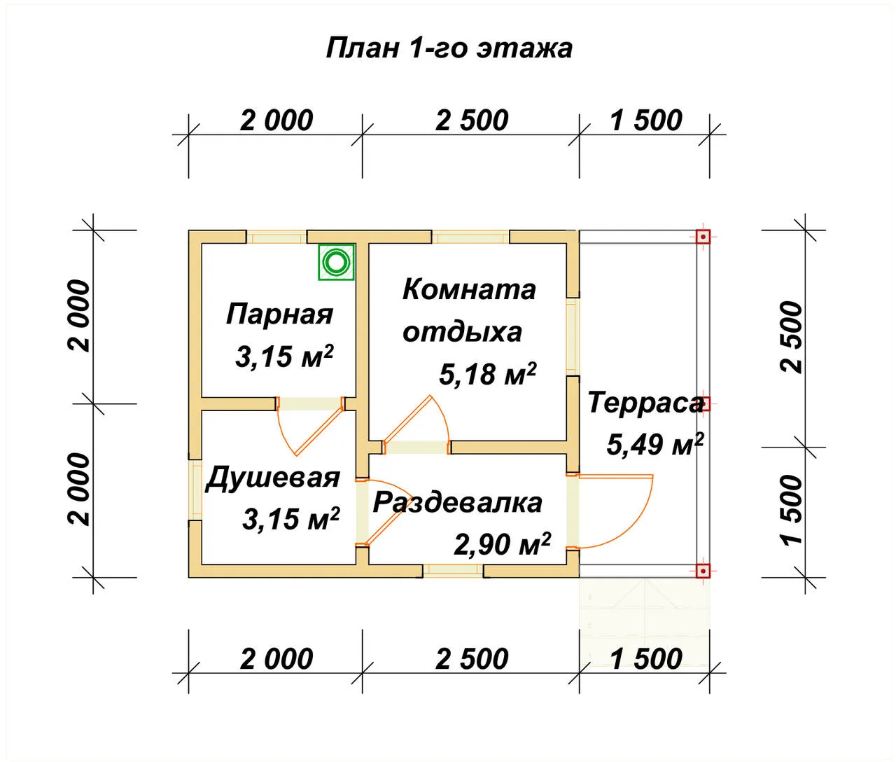 Одноэтажная баня из бруса ПБ-10 - планировка 1