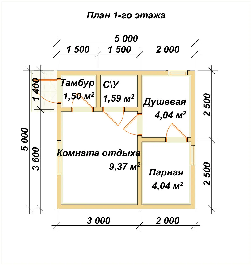 Одноэтажная баня из бруса ПБ-35 - планировка 1