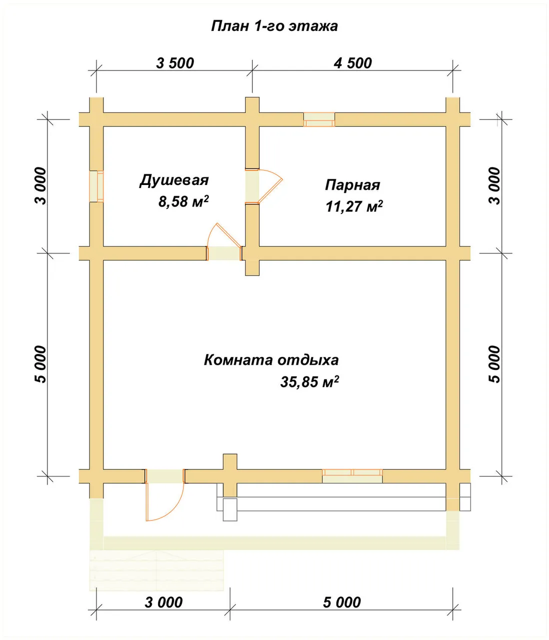 Одноэтажная баня из бруса ПБ-25 - планировка 1