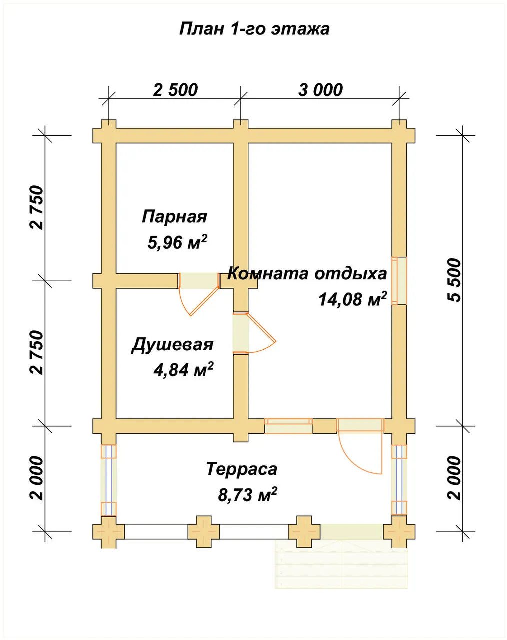 Полутораэтажная баня из бруса ПБ-37 - планировка 1