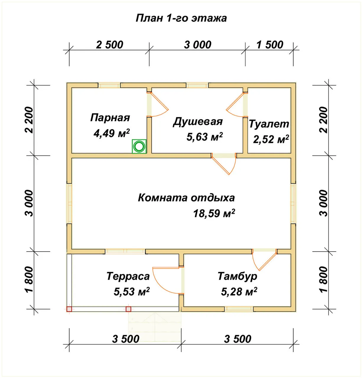 Одноэтажная баня из бруса ПБ-4 - планировка 1