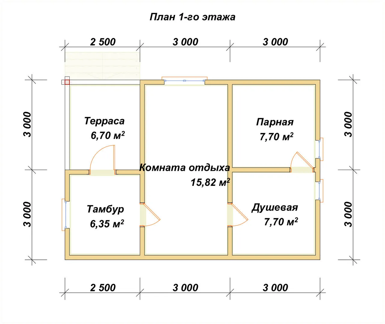 Одноэтажная баня из бруса ПБ-5 - планировка 1