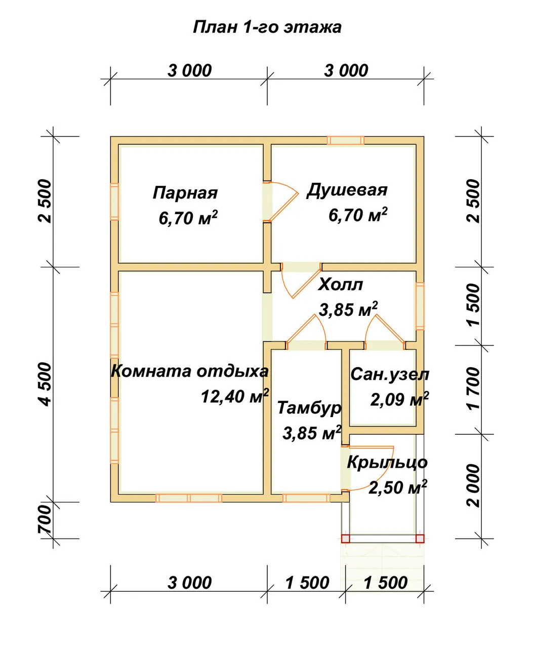 Одноэтажная баня из бруса ПБ-22 - планировка 1