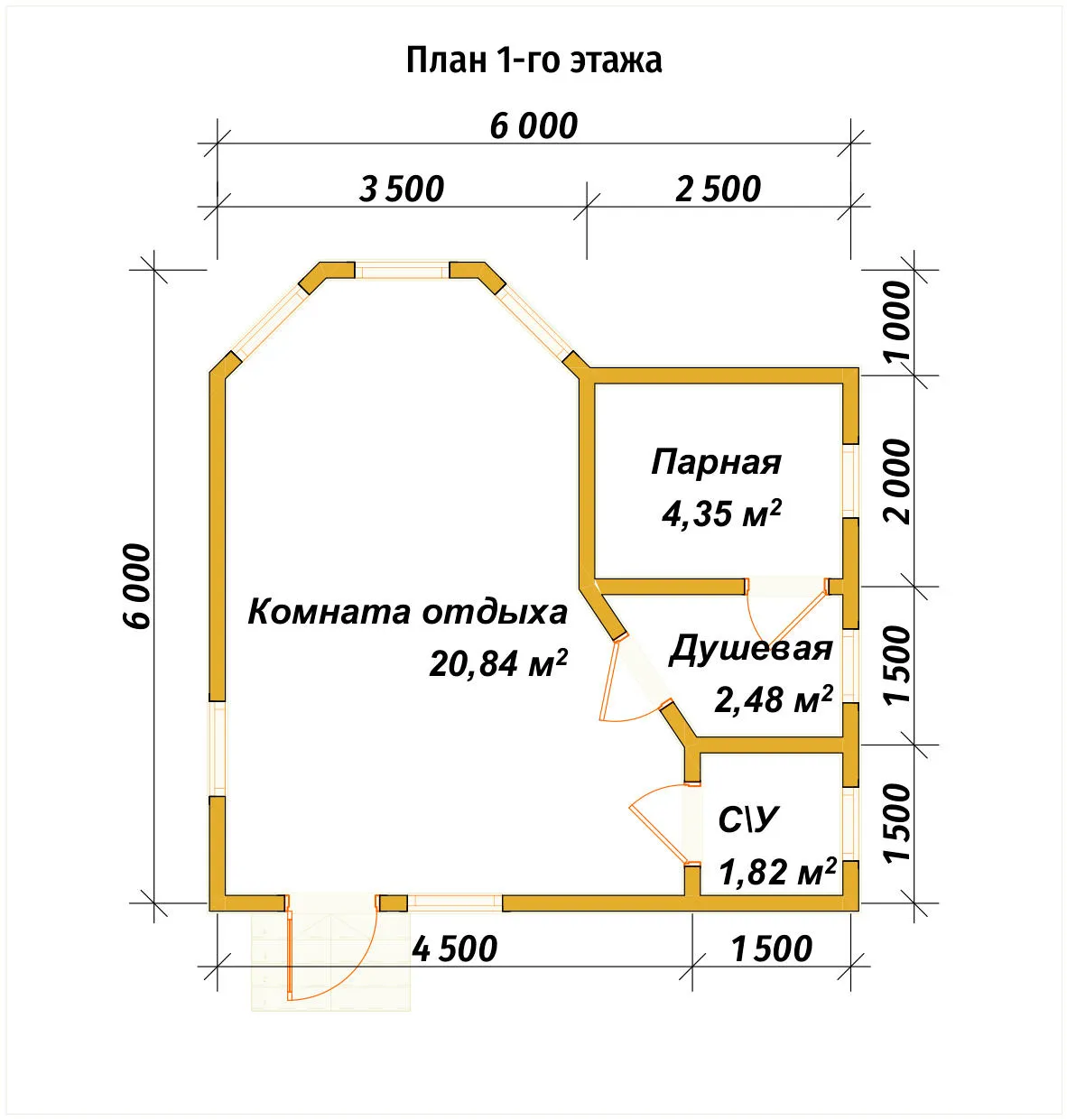 Одноэтажная баня из бруса ПБ-53 - планировка 1