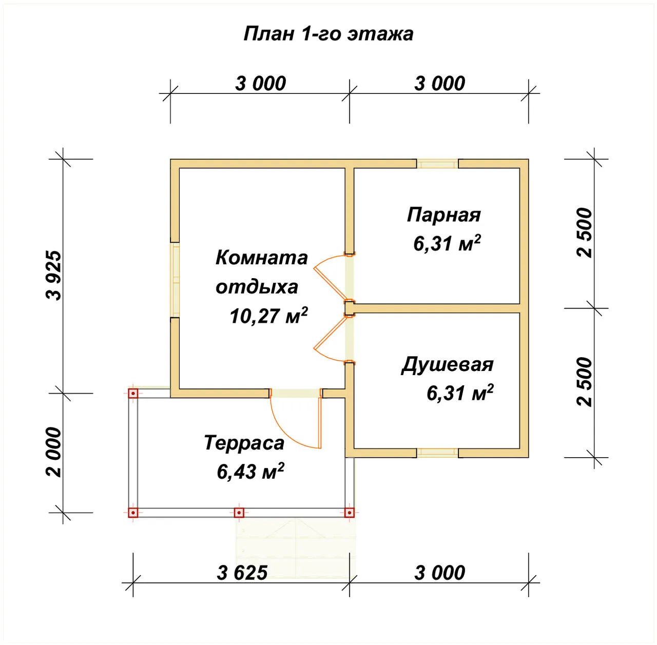 Одноэтажная баня из бруса ПБ-1 - планировка 1