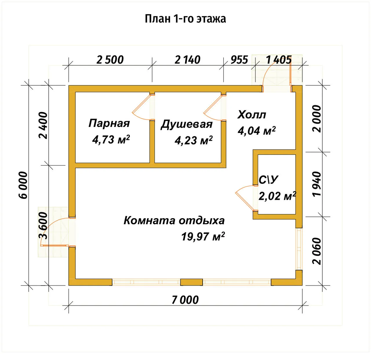 Одноэтажная баня из бруса ПБ-69 - планировка 1
