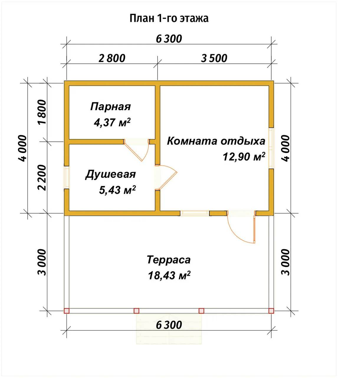 Одноэтажная баня из бруса ПБ-62 - планировка 1
