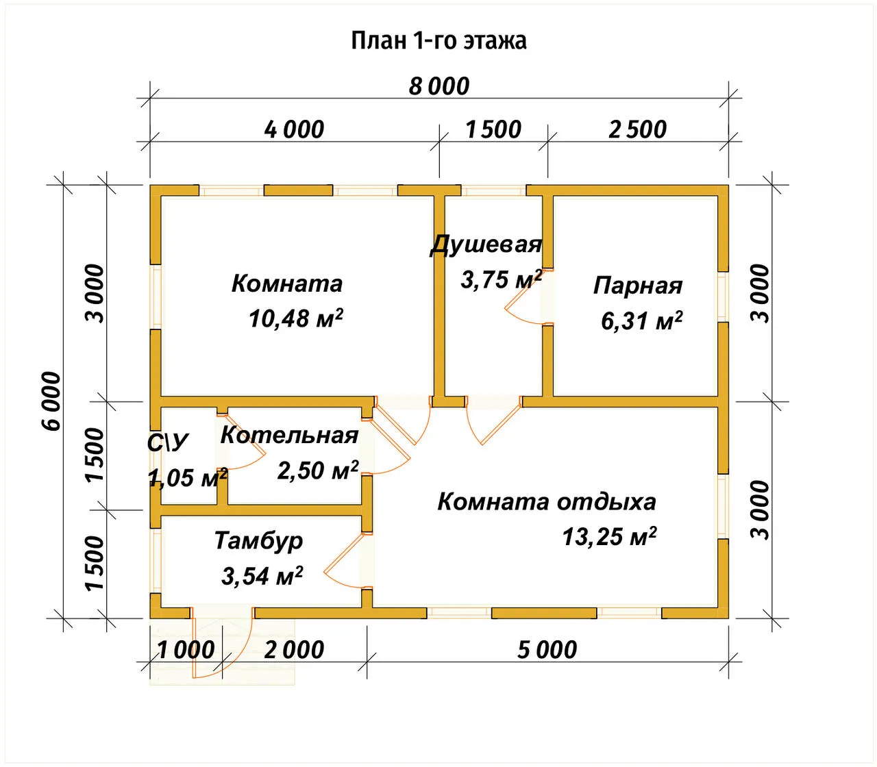 Одноэтажная баня из бруса ПБ-65 - планировка 1