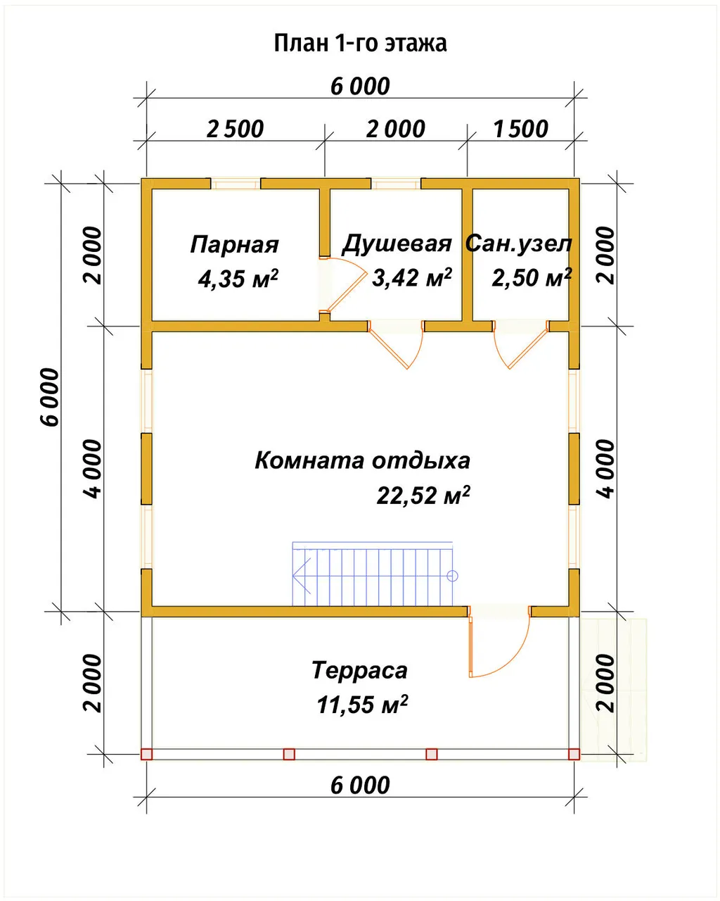 Полутораэтажная баня из бруса ПБ-48 - планировка 1
