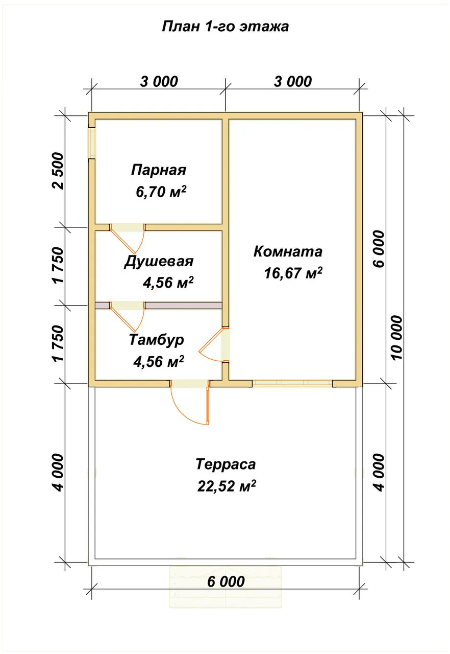 Одноэтажная баня из бруса ПБ-34 - планировка 1